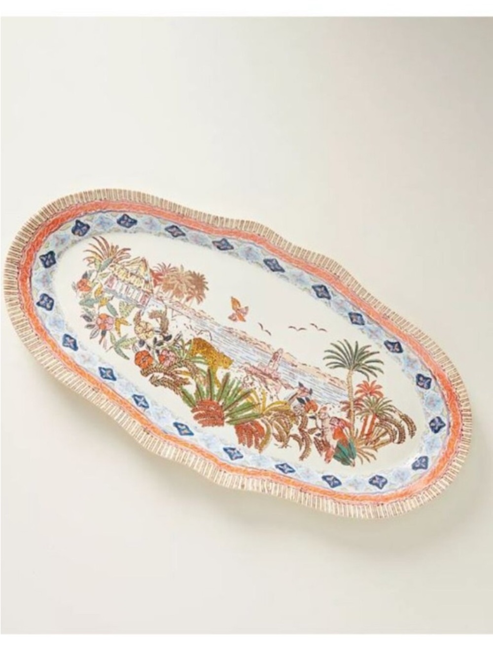 Anthropologie Coral and Blue Tropical Botanical Oval Platter